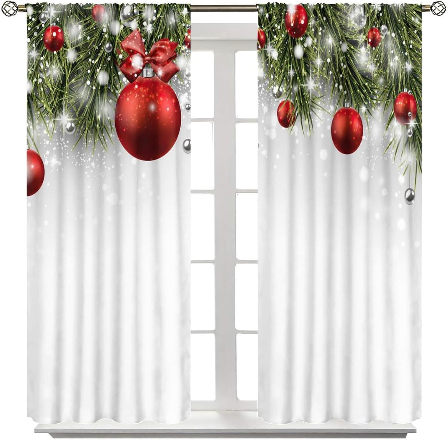 Christmas Blackout Curtains, Christmas Winter Holiday Theme Fir Branches and Vibrant Balls Snowflake Home Decor, Bedroom Living Room Curtains42X45 Inch