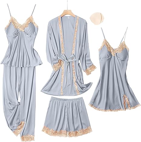 SAPJON Womens Pajama Sets 5PCS Silk Pajamas for women Cute Sleepwear Loungewear Satin Pajamas Sets for Women Soft
