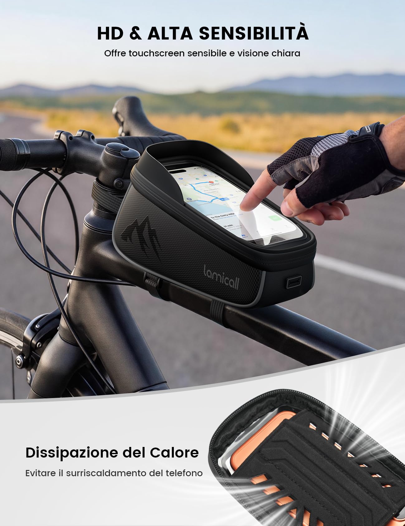 Lamicall Borsa Telaio Bici Impermeabile - [1,6 L Grande Capacità] Borsa Cellulare Manubrio Biciclette con Copertura Antipioggia, Porta cellulare Bici con Touch Screen in TPU per Smartphone Fino a 7"