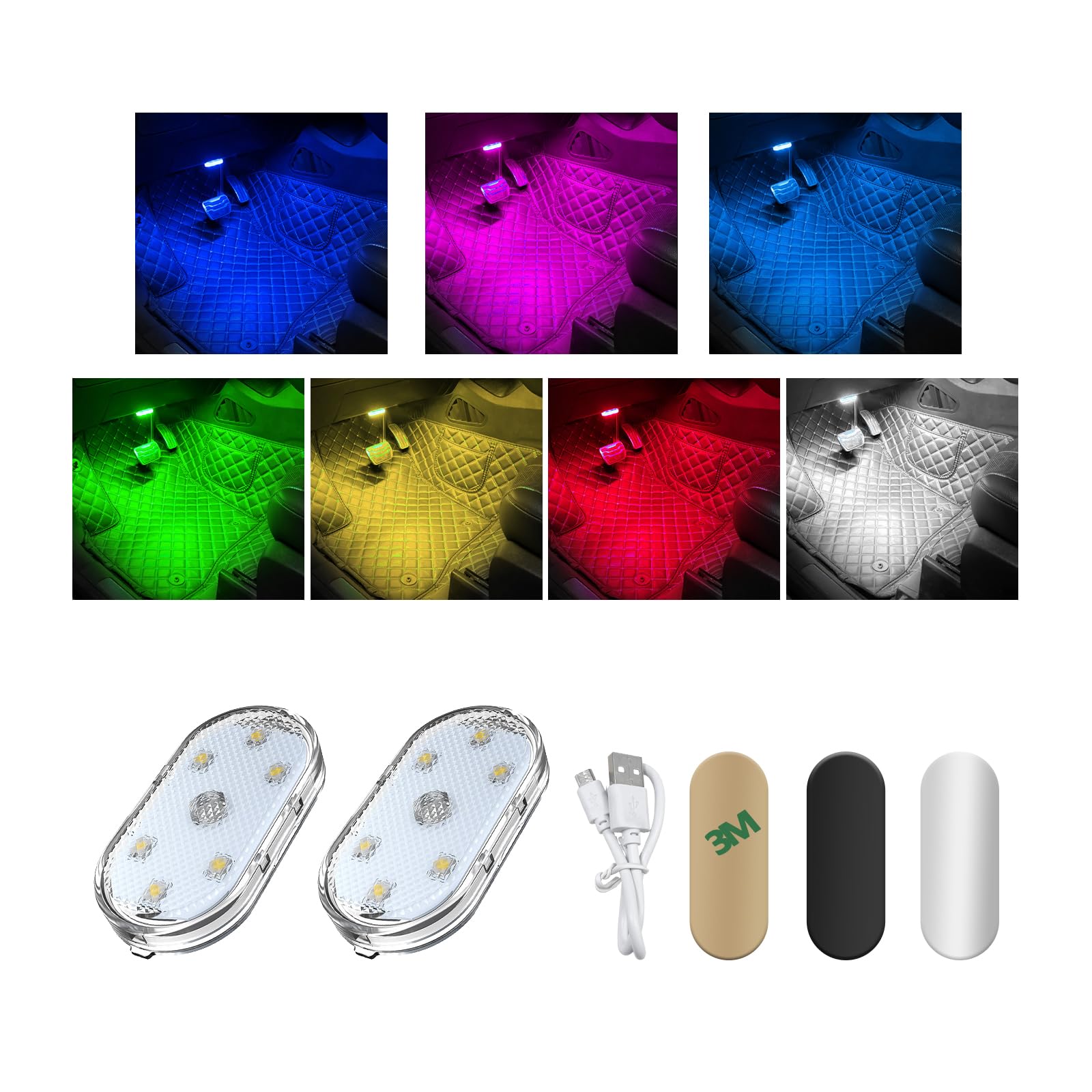 2 PCS Wireless Led Lights for Car Interior, 7 Colors Magnetic Auto Ambient Light with 6 Bright LED Lamp Beads, USB Rechargeable Vehicle Led Night Light, Car Accessories (Colorful)