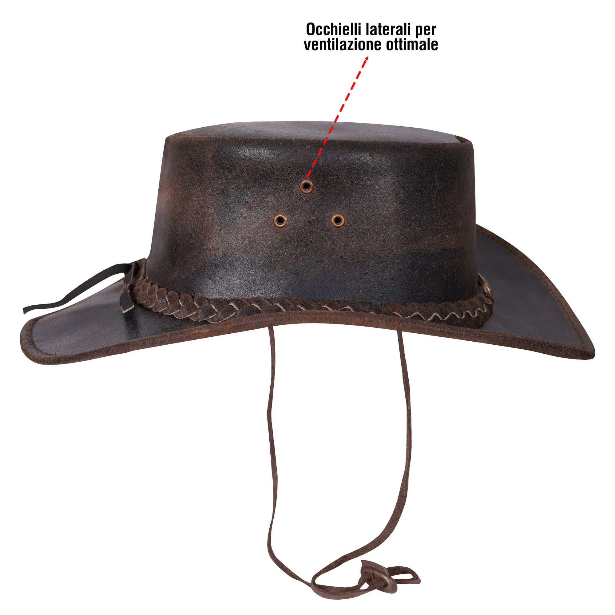 URBAN 5884 Cappello da Cowboy in Vera Pelle, Cappello Western Uomo/Donna in Vera Pelle Bovina, Tesa Modellabile e Sottogola Regolabile