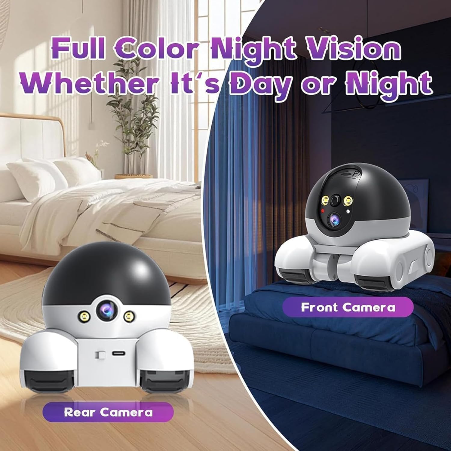 Robot de Cámara de Mascotas, Cámara de Seguridad Robot Wi-Fi Camera con Ruedas 1080P Doble Lens Control Remoto en Hogar Trabajo Mascotas