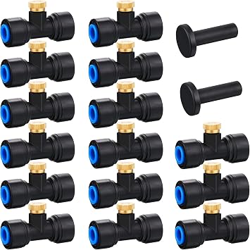 Hotop 15 Pieces Brass Misting Nozzles 1/4 Inch Mister Tees Fittings