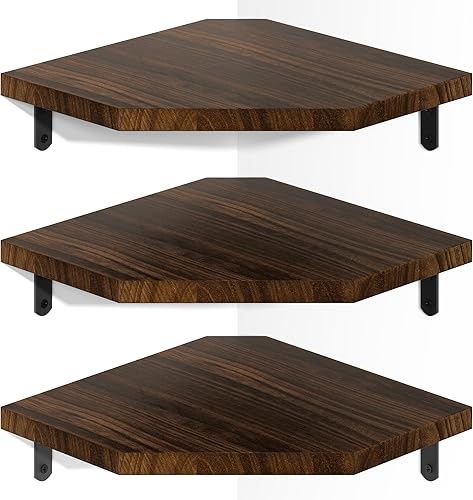 Miniatura 1 de Alsonerbay Estante esquinero de pared, juego de 3 estantes de esquina flotantes con agujero para cable, estantes de madera rústica para TV, altavoz,