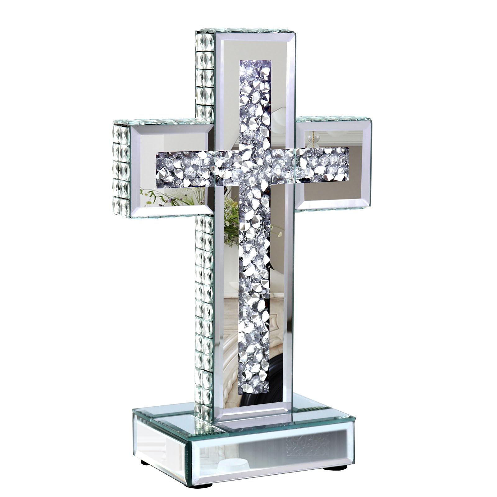 GIMORRTO Mirrored Cross Tabletop Decor - Crushed Diamond-Embedded Glass Mirror Table Standing Cross, 10 x 6 Inches