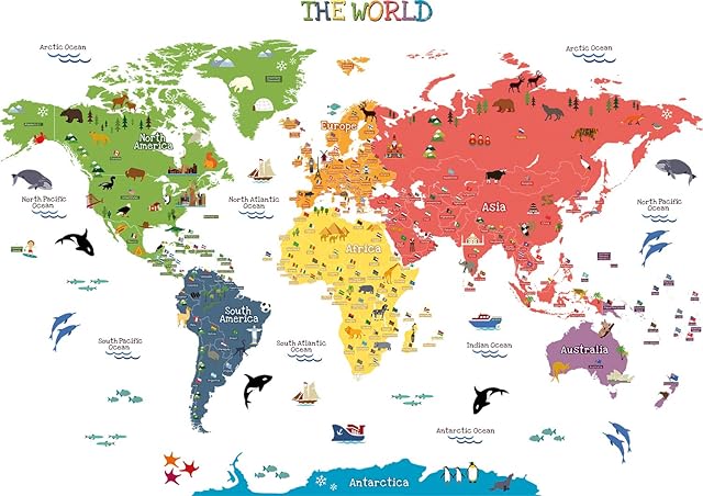 HomeEvolution Large Removable Educational World Map Peel and Stick Wall Stickers for Kids Nursery Playroom Wall Arts Décor
