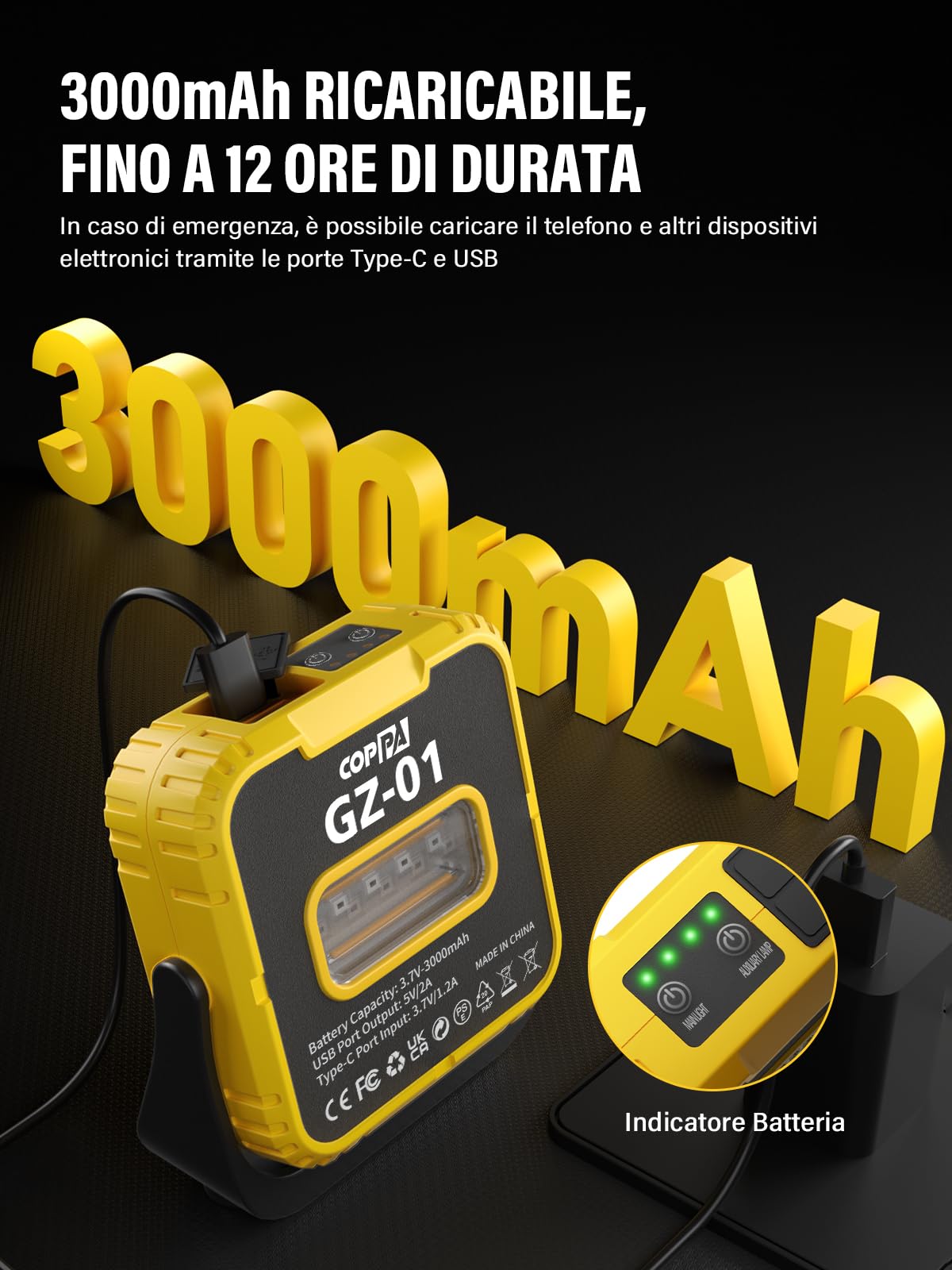 COPPA Luci da Lavoro, GZ01 Portatile Luce Ispezione 3000mAh Ricaricabile Doppia Sorgente Luminosa con Stroboscopica Luce 360° Rotazione Magnetica LED Lampada Officina per Campeggio Riparazione Garage