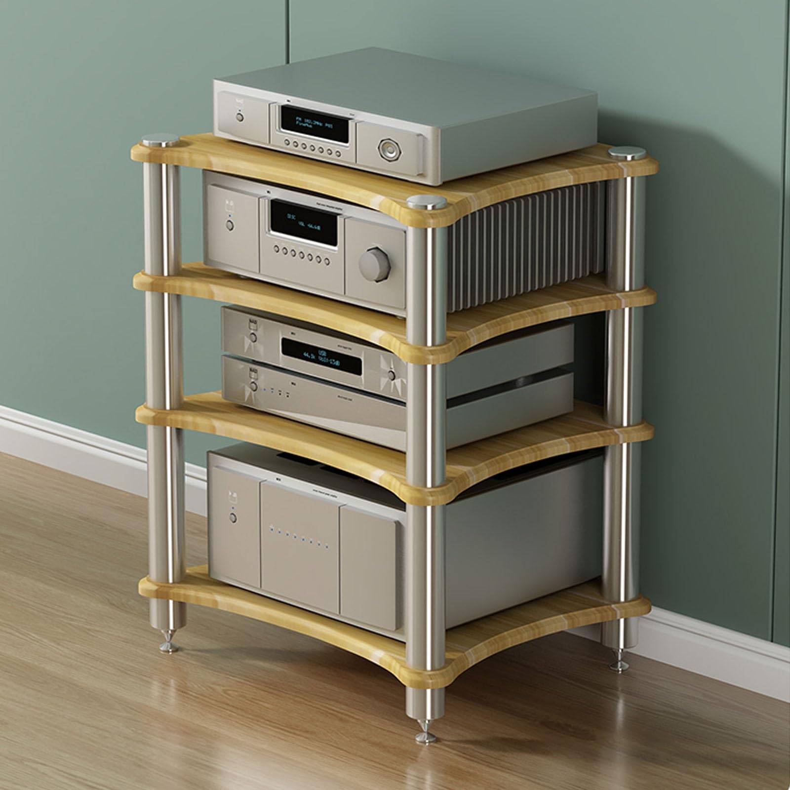 Supporto multimediale AV a 4 livelli in legno e metallo nero per armadio audio rack stereo per home theater amplificatore ricevitore lettore CD soluzione di archiviazione multimediale