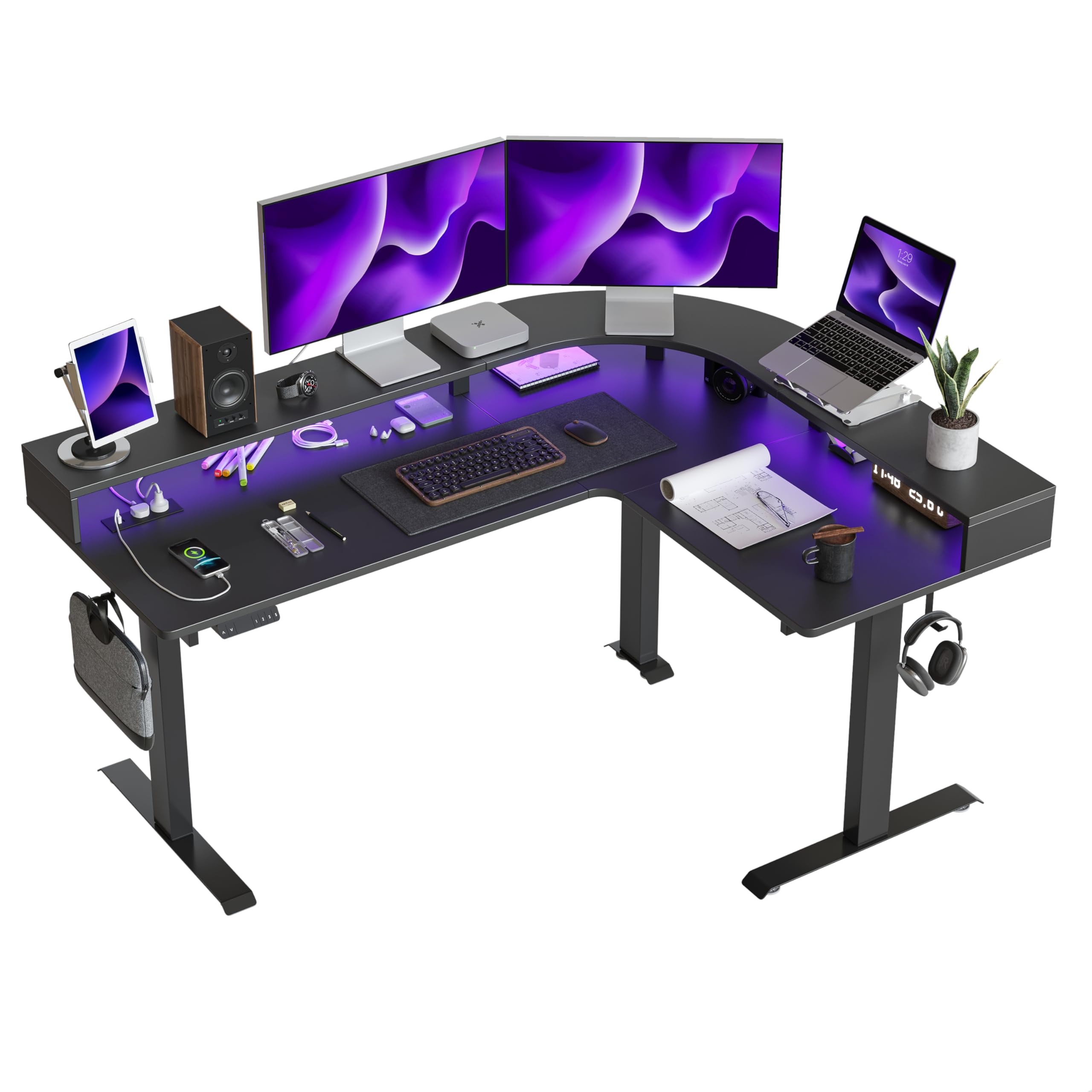 FEZIBO 63" L Shaped Standing Desk with Arc LED &amp; Power Outlet, Exclusive Uprated Triple Motors Support 330LBS, Electric Height Adjustable L Shaped Gaming Office Desk with Large Monitor Stand,Black