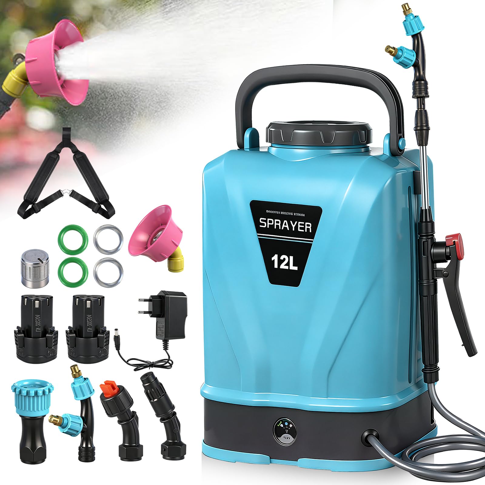 Viugreum 12L Pulverizador de Mochila a Batería, 12V Pulverizador Eléctrico de Jardín con 5 Boquillas de Nebulización, Lanza Telescópica y Correa Ajustable para Riego, Irrigación y Mantenimiento