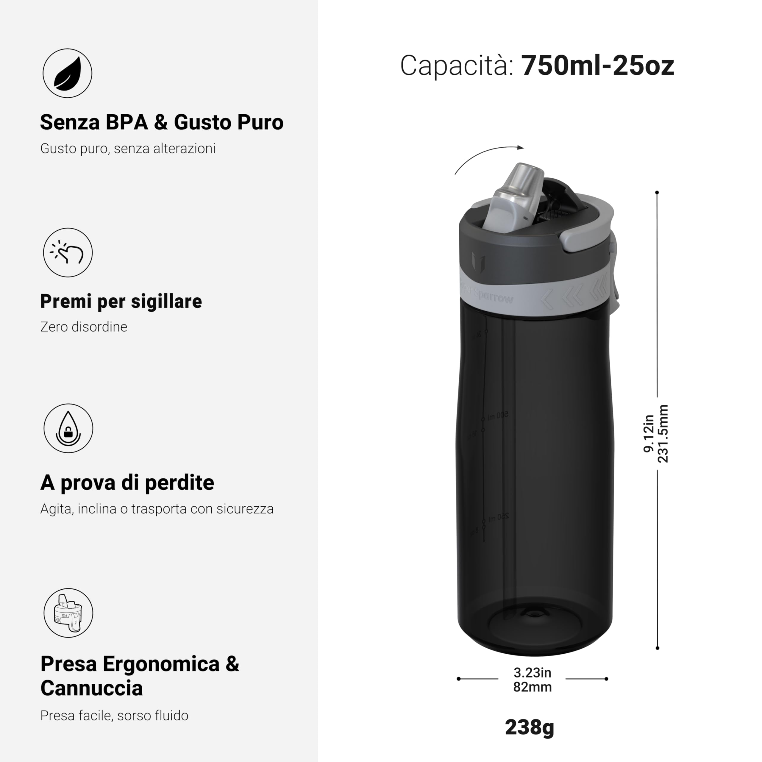 Sparrow Borraccia - 500ml, 750ml, 1L - TouchFlow Bottiglia Senza BPA - Senza Perdite Borraccia Cannuccia - Borracce Sportiva Flusso Rapido Con Un Clic per Scuola, All'aperto