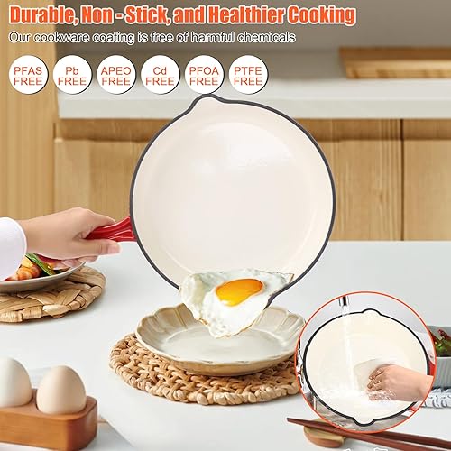 Miniatura 5 de QuliMetal Juego de utensilios de cocina de hierro fundido esmaltado antiadherente, 7 ollas y sartenes con tapa, sartén para freír, sartén para