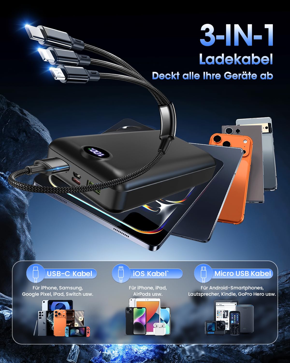 PowerBank 50000mAh große kapazität,3 in 1 Ladekabel 22,5W schnelles Aufladen externer Akku USB-C 3 Ausgänge und 2 Eingänge LED Display Power Bank kompatibel mit iPad iPhone Android usw Black