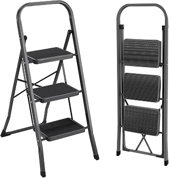 MEETOZ 3 Step Ladder, 3 Step Stool for Adults, Portable Folding Step Ladder with Handgrip, Multi-use Steel Ladder for Household and Office Black