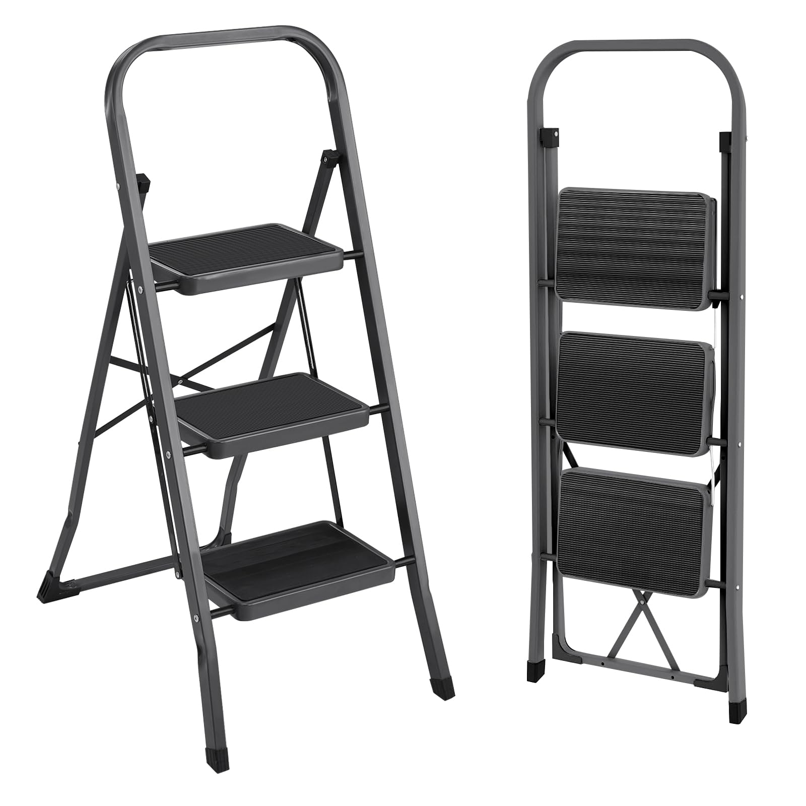 Meetoz Black 3 Step Ladder, 3 Step Stool For Adults, Portable Folding Step Ladder With Handgrip, Multi-Use Steel Ladder For Household And Office (Black)