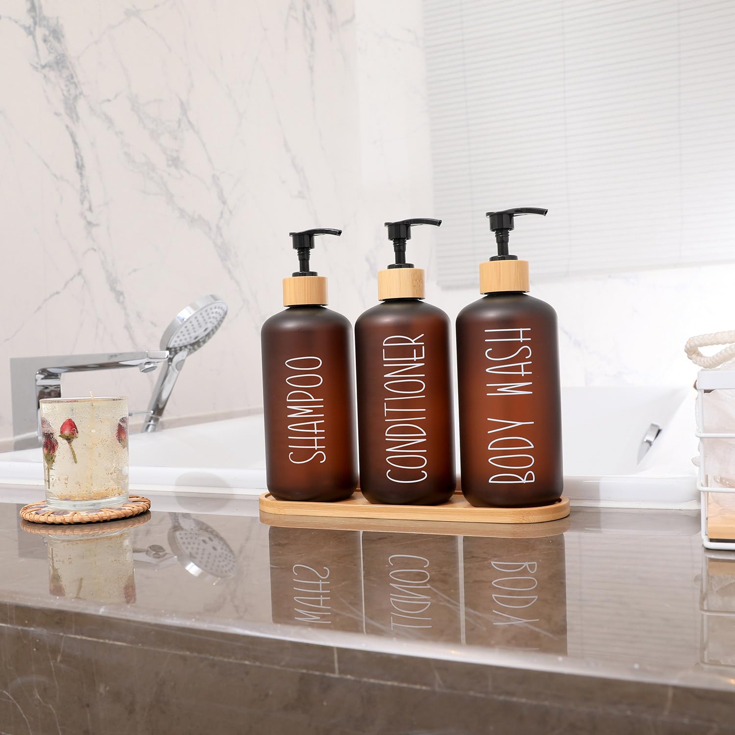 MOMEEMO Amber Duschspender-Set, enthält 3 extra Dicke PET-Kunststoffflaschen mit Bambus-Pumpen, Shampoo- und Conditioner-Spender für die Dusche, perfekt für Moderne Badezimmerdekor. (Bernstein)