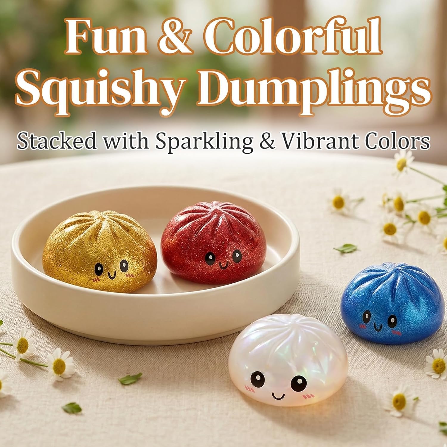 Glitter Dumpling Squishy Box, Dumpling Squishies, Sensory Squeeze Toy for Stress Relief, Soft Decompression Dough for Adults Office and Home Use (Ribbon Emoji bun) — view 2