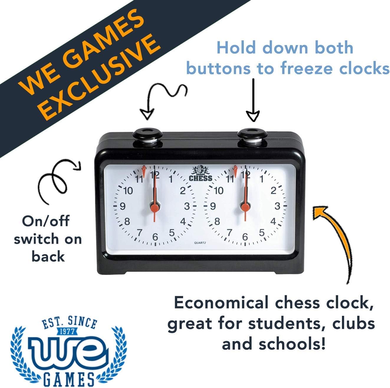 WE Games Analog Chess Clock Timer with Quartz Precision Technology, Game Timer Clock for Blitz Chess and Bullet Chess, Chess Timer Clock Official, Chess Clocks with Analog Timer for Board Games