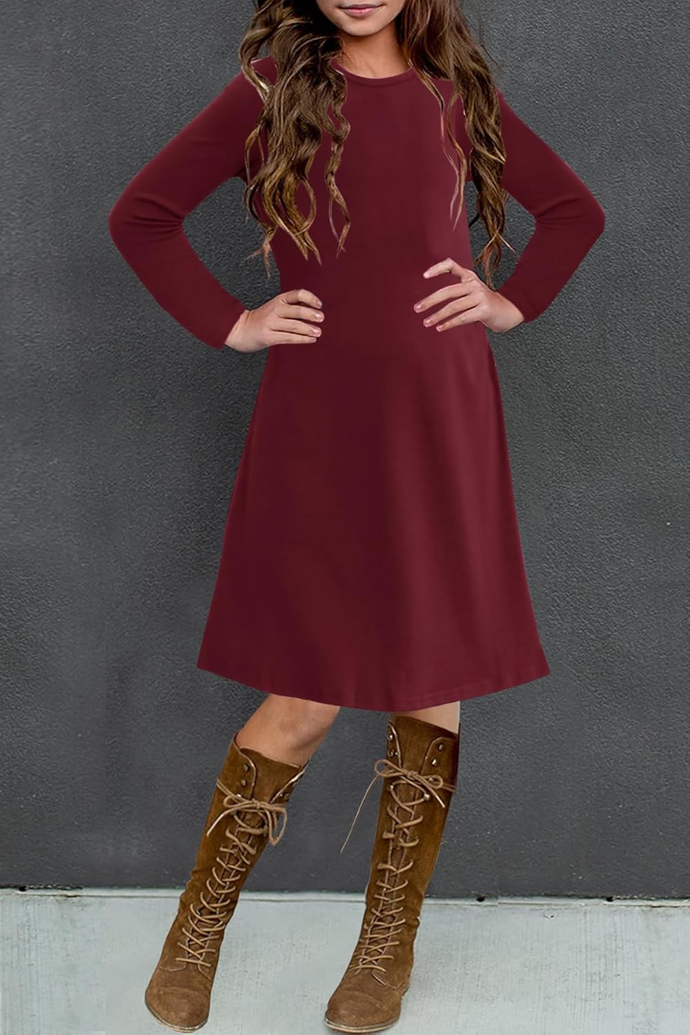 YOVION Girls Fall Long Sleeve Crew Neck Skater A-Line Casual Swing Dress with Pockets for 6-12 Years - Image 2