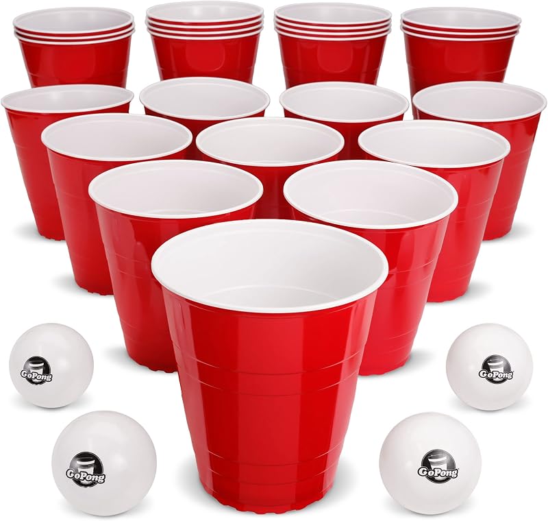 GoPong Giant Yard Pong Juego de beber para adultos – Juego de fiesta de Beer Pong para césped interior/exterior, playa y puerta trasera – 24 vasos gigantes resistentes con 4 bolas
