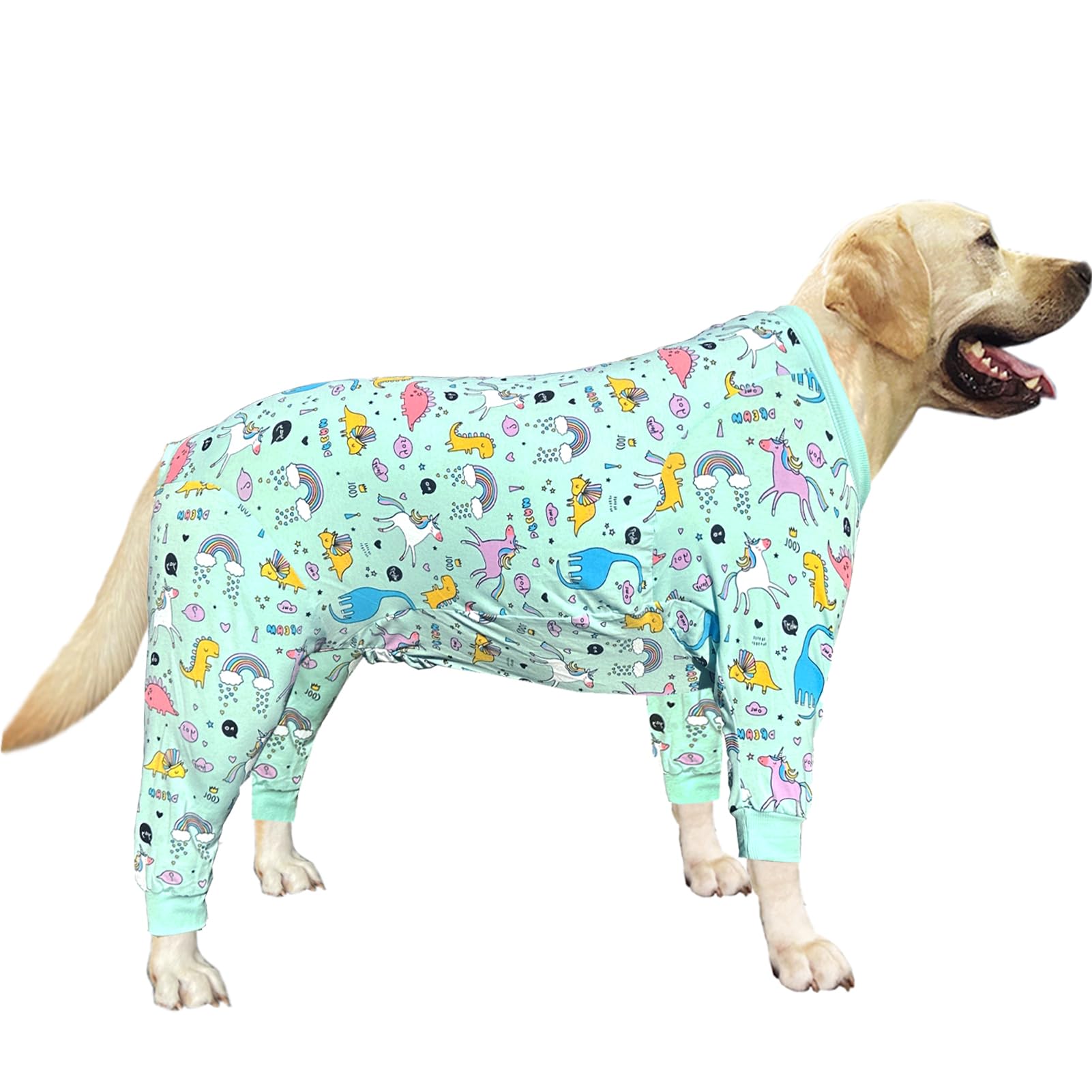 PriPre Dog Cotton Pajamas with Dinosaur Pattern, Rainbow, Unicorn Onesie Jumpsuit for Large Dogs Full Coverage Sleeper Pets Shirts pjs(XXL,Blue