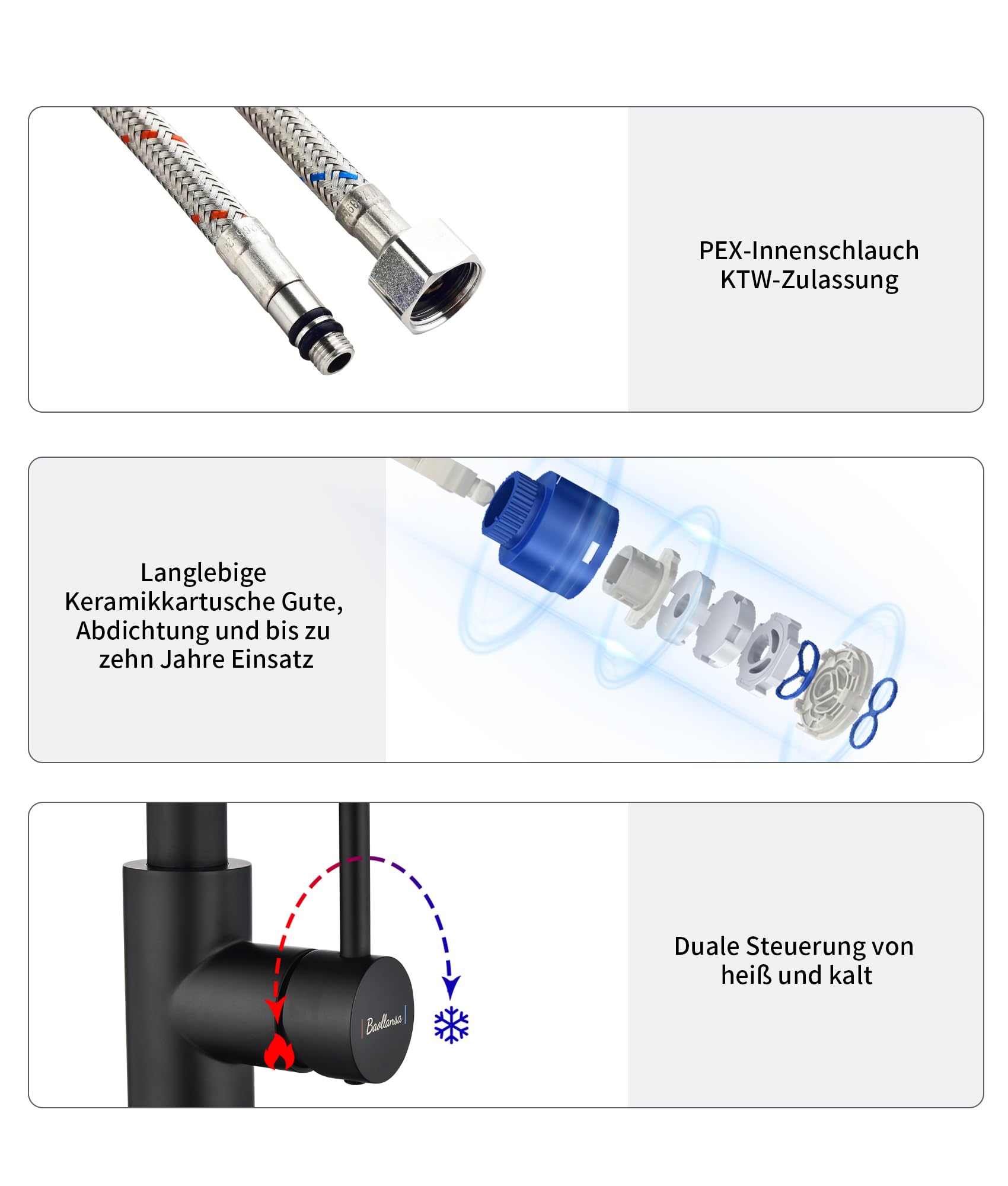 Wasserhahn Küche Ausziehbar,Hochdruck Küchenarmatur mit Herausziehbarer Brause Mischbatterie Küche mit 3 Funktionen 360°Drehbar,Kitchen Faucet Zwei Sprühfunktionen(Schwarz)