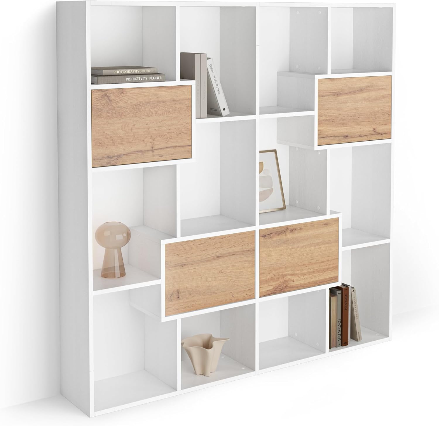 Mobili Fiver, Iacopo S Bookcase Ashwood White with Rustic Oak Doors (63.3 x 62.3 in), Made in Italy