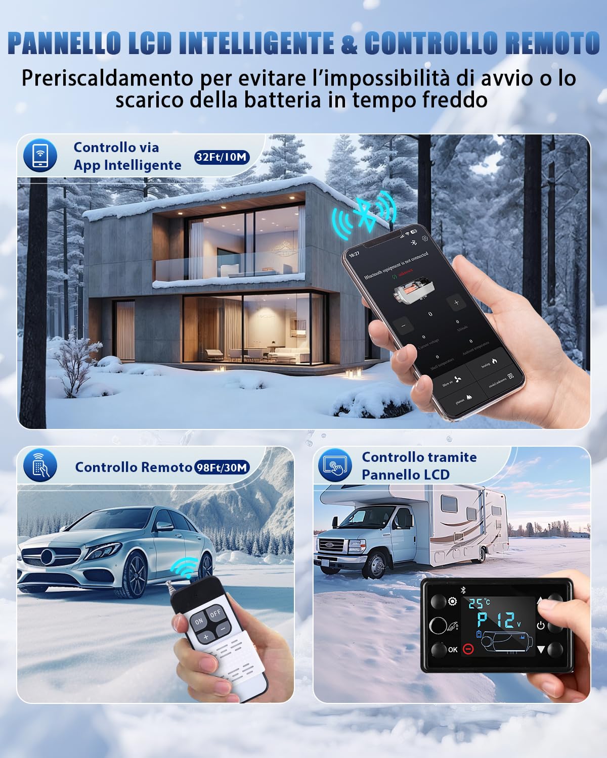 Riscaldatore a Gasolio Portatile 8KW - Generatore Aria Calda Diesel 12V/24V/230V, LCD e Telecomando - Riscaldamento Rapido per Camper, Auto, Camion, Barche, Autobus, Tenda, Campeggio, Parcheggio