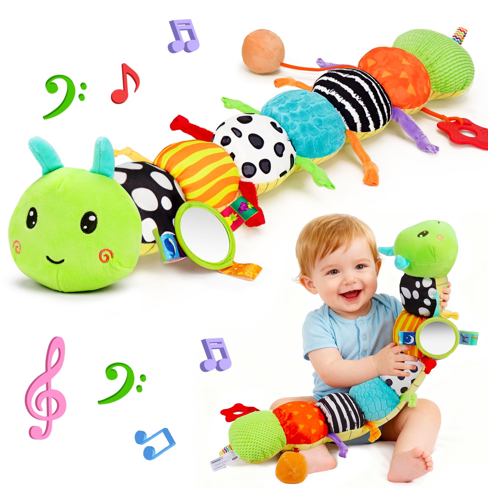 Jouet Bebe 0 3 6 Mois Jouet Peluche Chenille Musicale, Jouet Sensoriels Montessori, Jeux Eveil Bebe 0-3 3-6 Mois avec Hochet Miroir Bebe, Cadeau Naissance Garcon Fille 0-6 Mois
