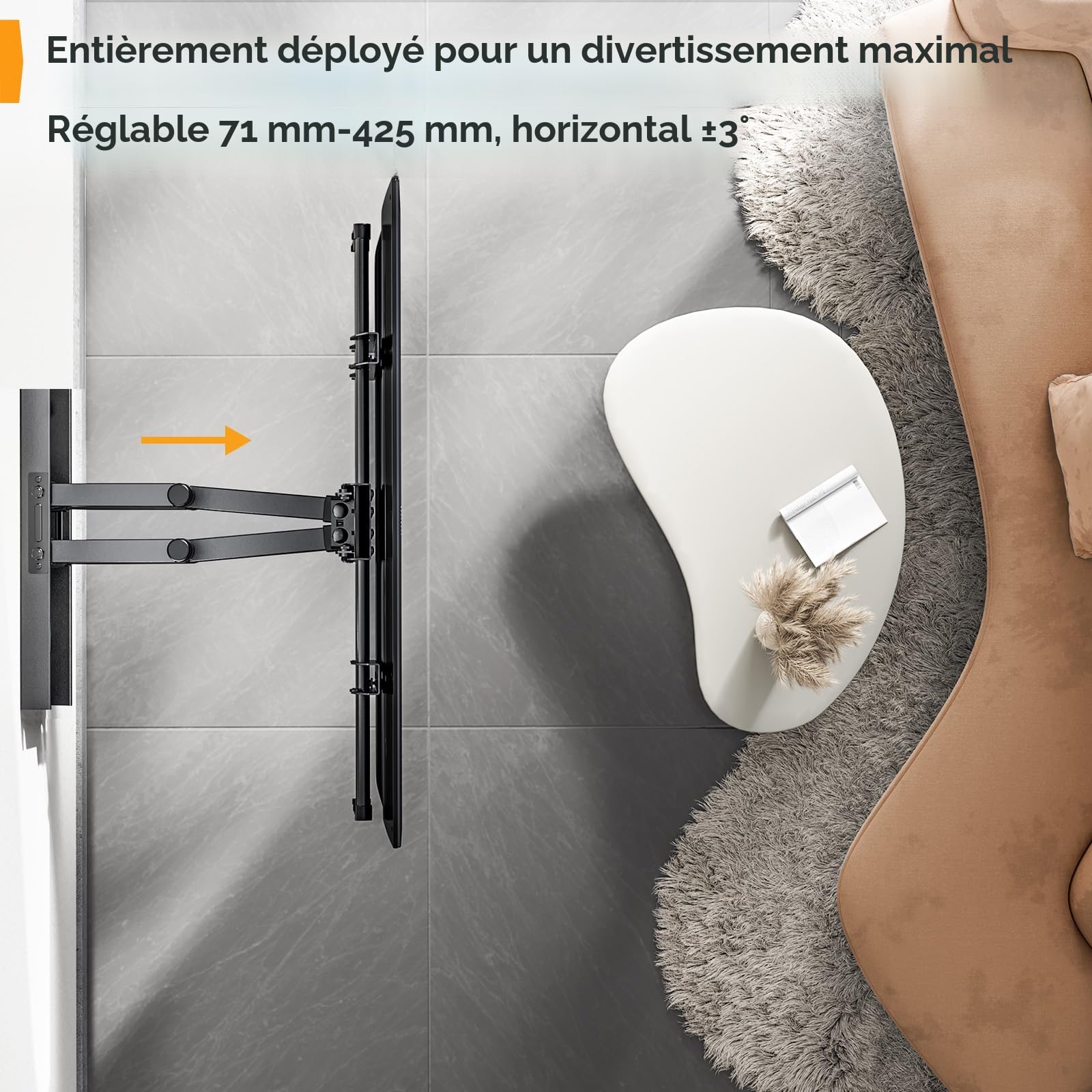 Perlegear Support Mural TV 37-84 Pouces 60KG Fixation TV Murale Inclinable Orientable VESA 600x400mm