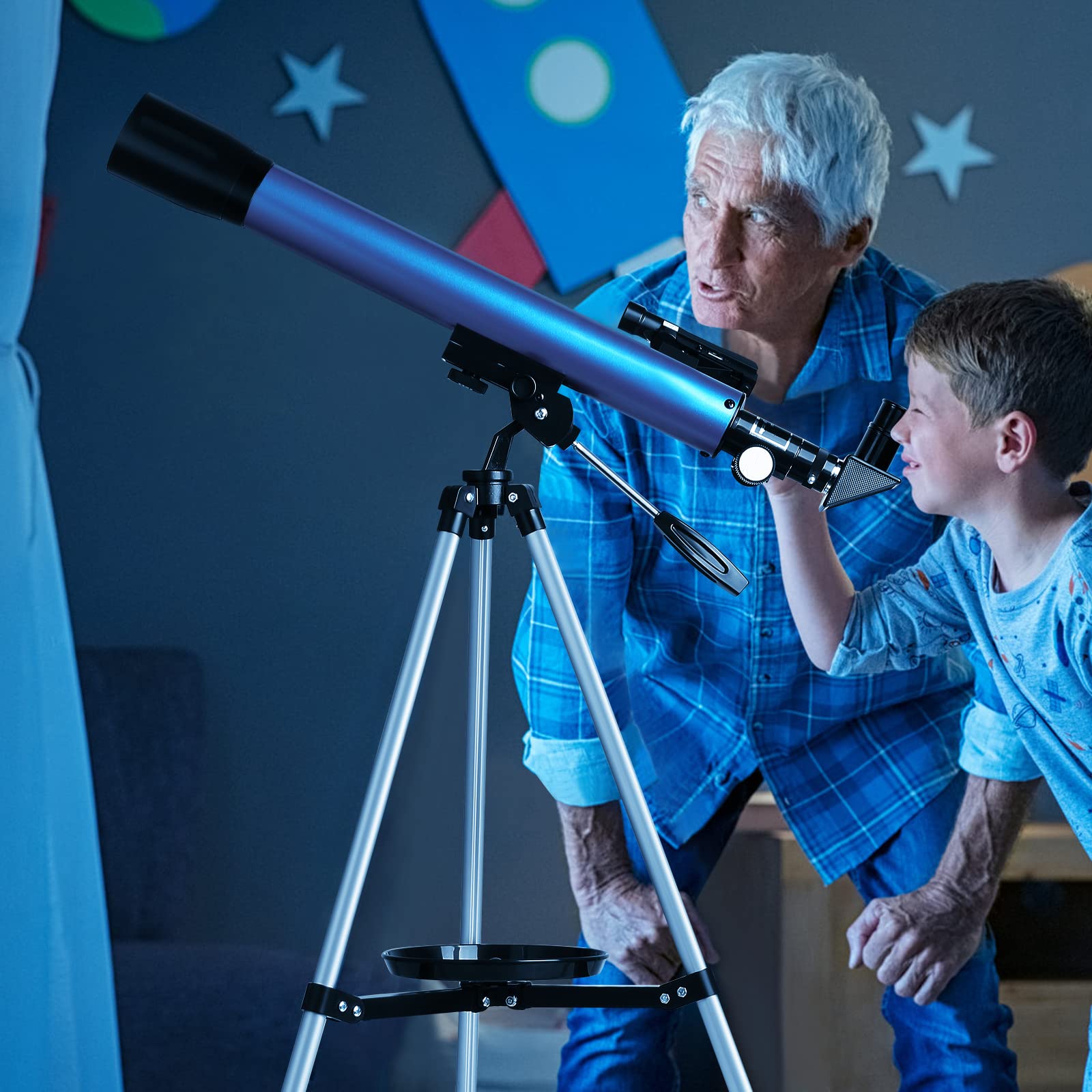 Cowiewie Telescopio F60050M/5, Ingrandimento 18x e 60x Telescopio Astronomico con Treppiede in Alluminio, Guarda la Luna, Regali di Natale Compleanno per Bambini