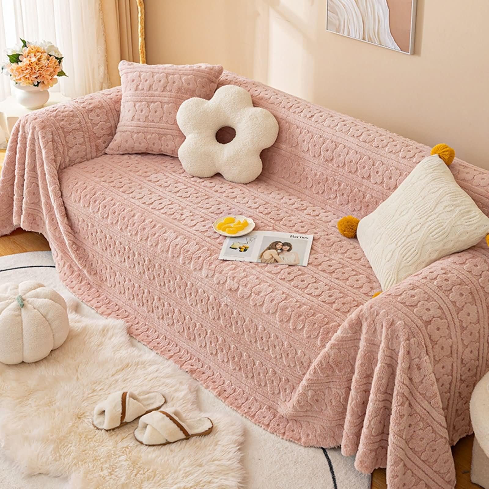 Couvre canapé rose peluche 2 places aux finitions fleurs