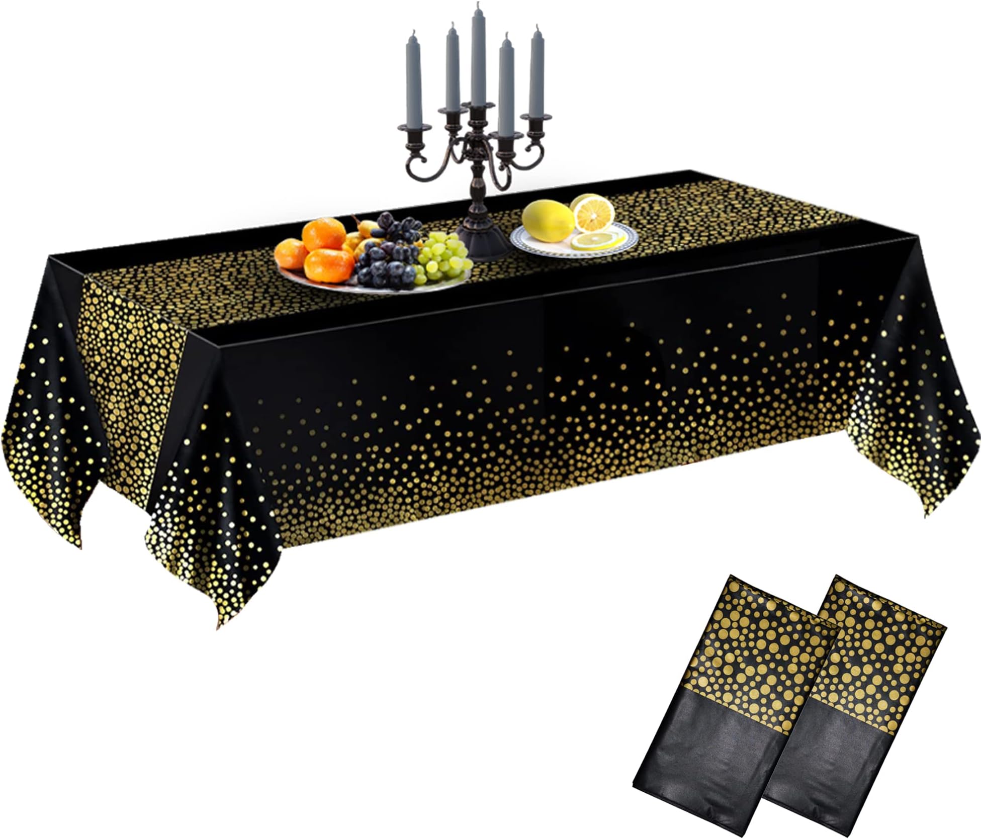 MOLFUJ 2 Pack 54" X 108" Thickened Black and Gold Plastic Table Cloths for Parties, PEVA Disposable Oil-Proof Tablecloth for 8ft Rectangular Table, Birthday Wedding Baby Shower