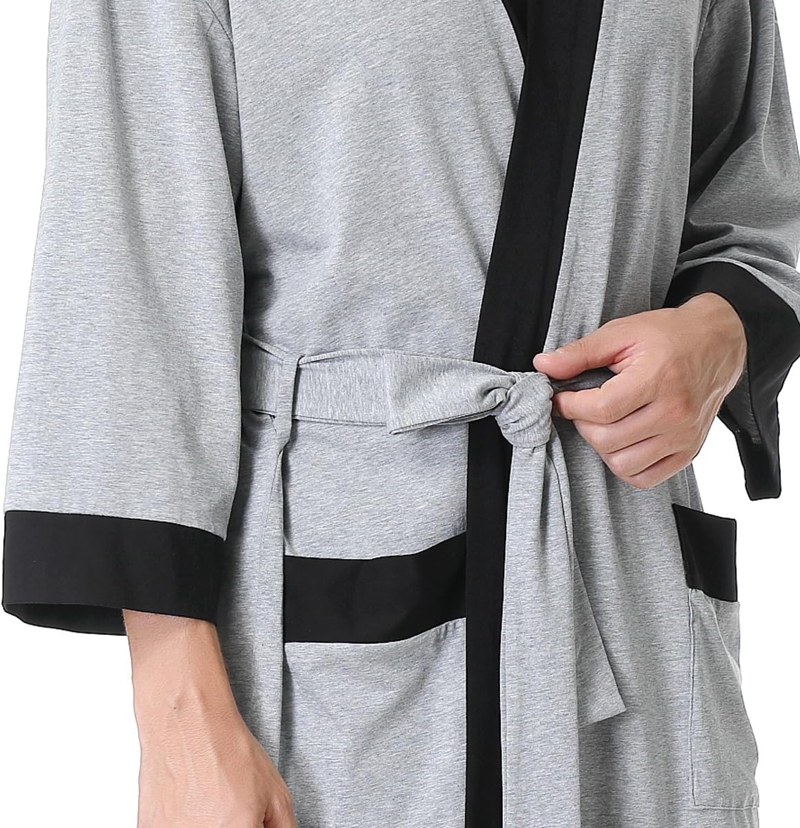 KEMUSI Men's Summer Knee-Length Breathable Absorbent Sleepwear Bathrobe, Mid Sleeve, Grey with Black Trim, Soft and Comfy - Image 5