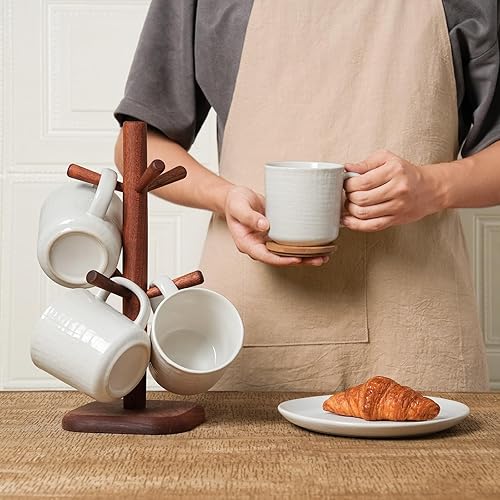 Miniatura 6 de famiware Moonlight - Juego de 4 tazas de café de 13 onzas con acabado de lino, juego de tazas de café con asa para café con leche, capuchino, té,