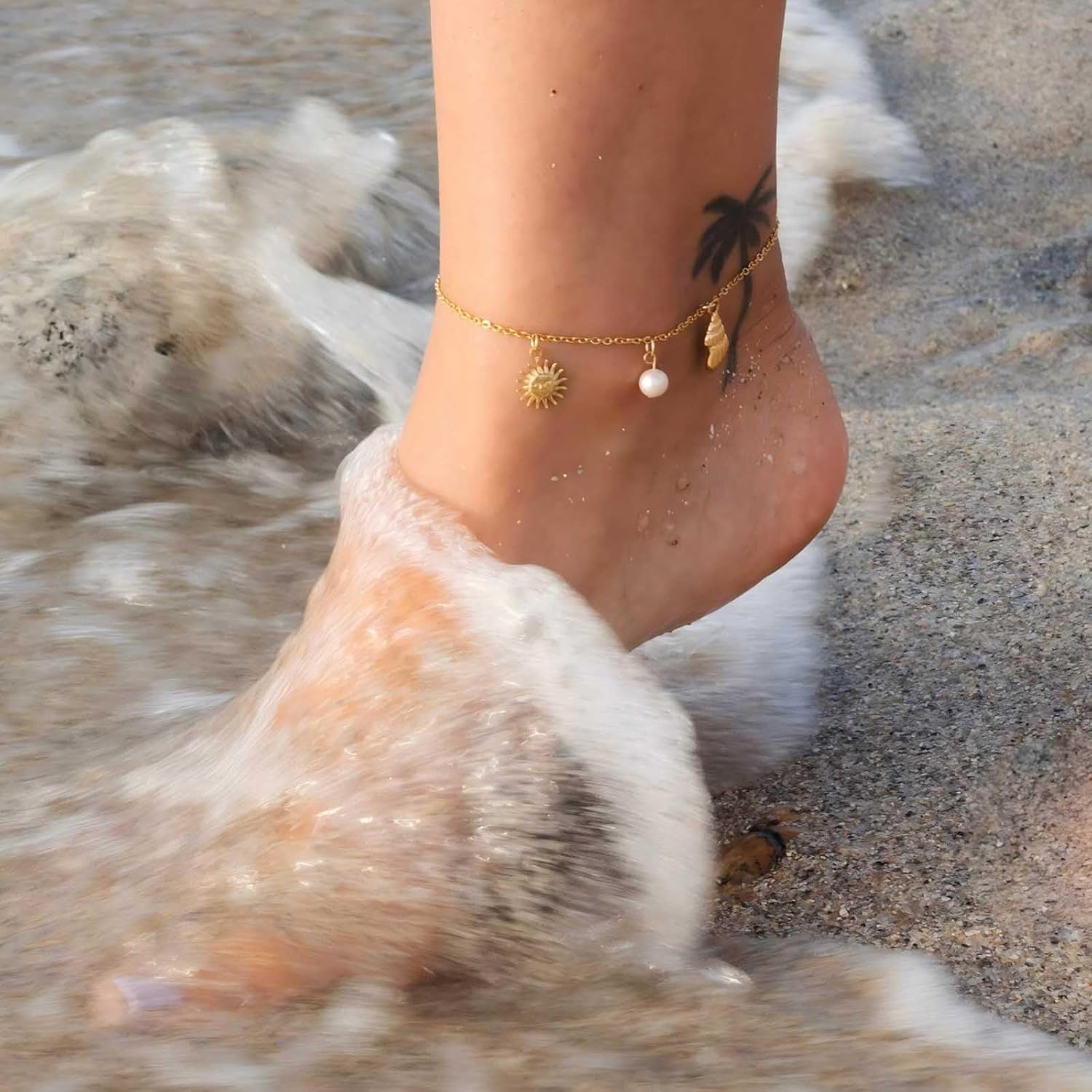 Boho Sun Anklet Bracelet Gold Shell Conch Ankle Chain Vintage Pearl Dangle Foot Chain Adjustable Sunburst Dangle Link Bracelet Accessories for Women - Image 5