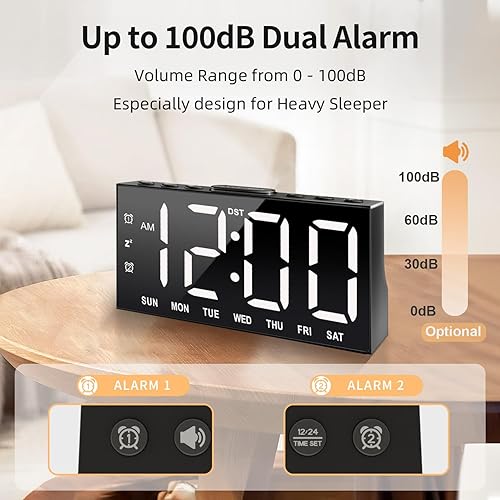 Miniatura 4 de Reloj despertador digital con pantalla grande, números grandes y llamativos, atenuador, 2 puertos de carga USB, repetición, reloj de mesa pequeño