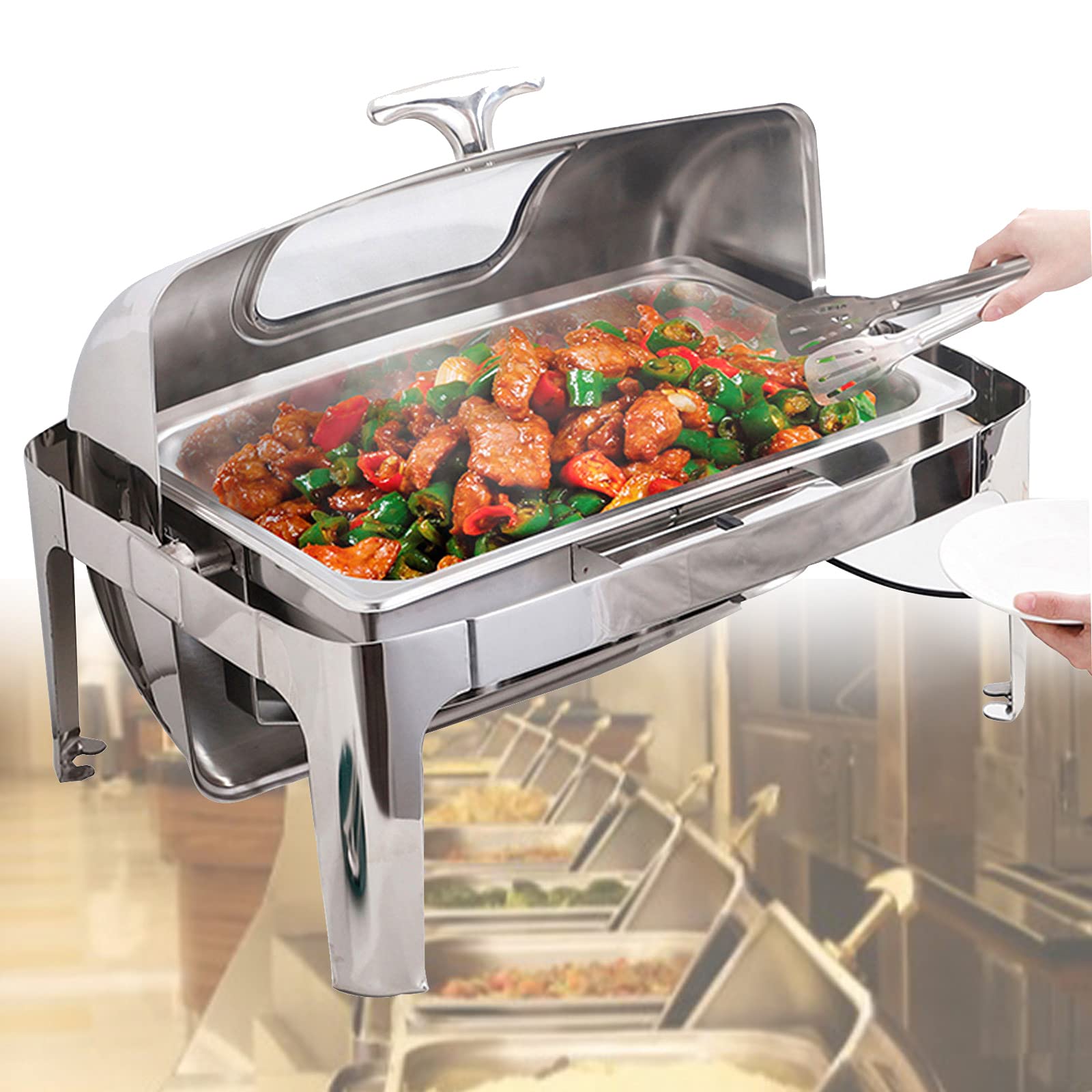 Chafing Dish Scaldavivande Elettrico Acciaio Inox, 13L Scaldavivande Contenitore Scalda Cibo per Ristorante Festa, Stufa Isolante Quadrata per Hotel (400W/200V)