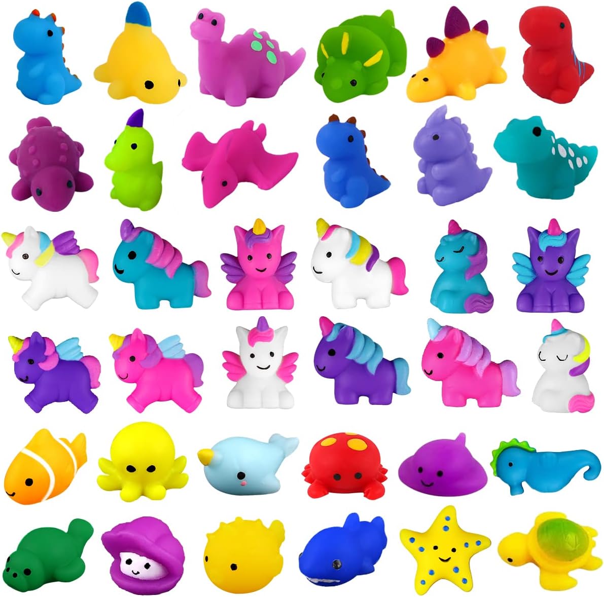 DIYDEC 36pcs Mochi Squishy Toys - Mini Kawaii Dinosaur Unicorn Sea Animals Squishies Soft Squeeze Fidget Toys Stress Relief Party Bags Fillers for Boys Girls Birthday Party Favors