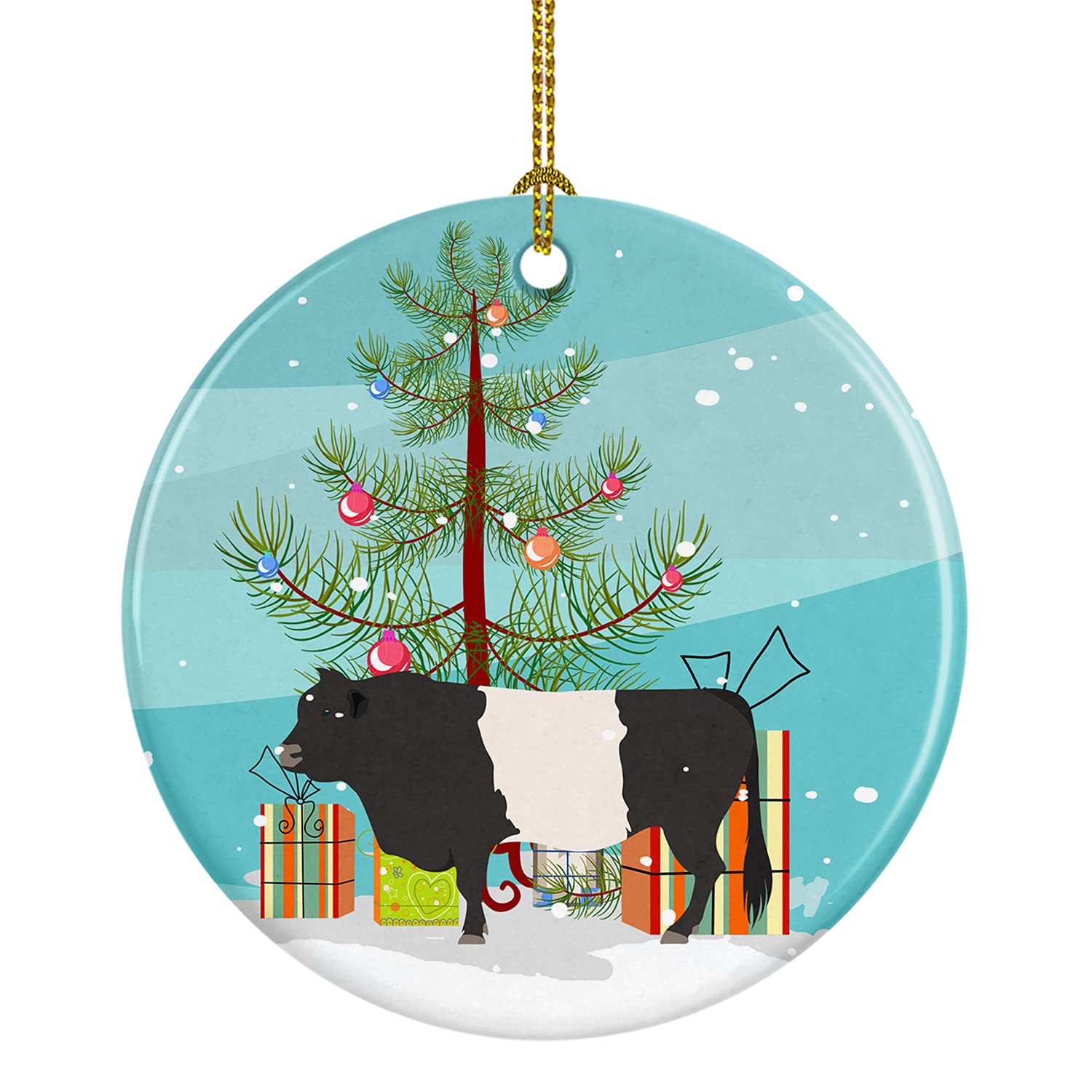 Caroline's Treasures Belted Galloway Cow Christmas Ceramic Ornament, Teal Christmas Tree Hanging Decorations for Home Christmas Holiday, Party, Gift, 3 in, Multicolor