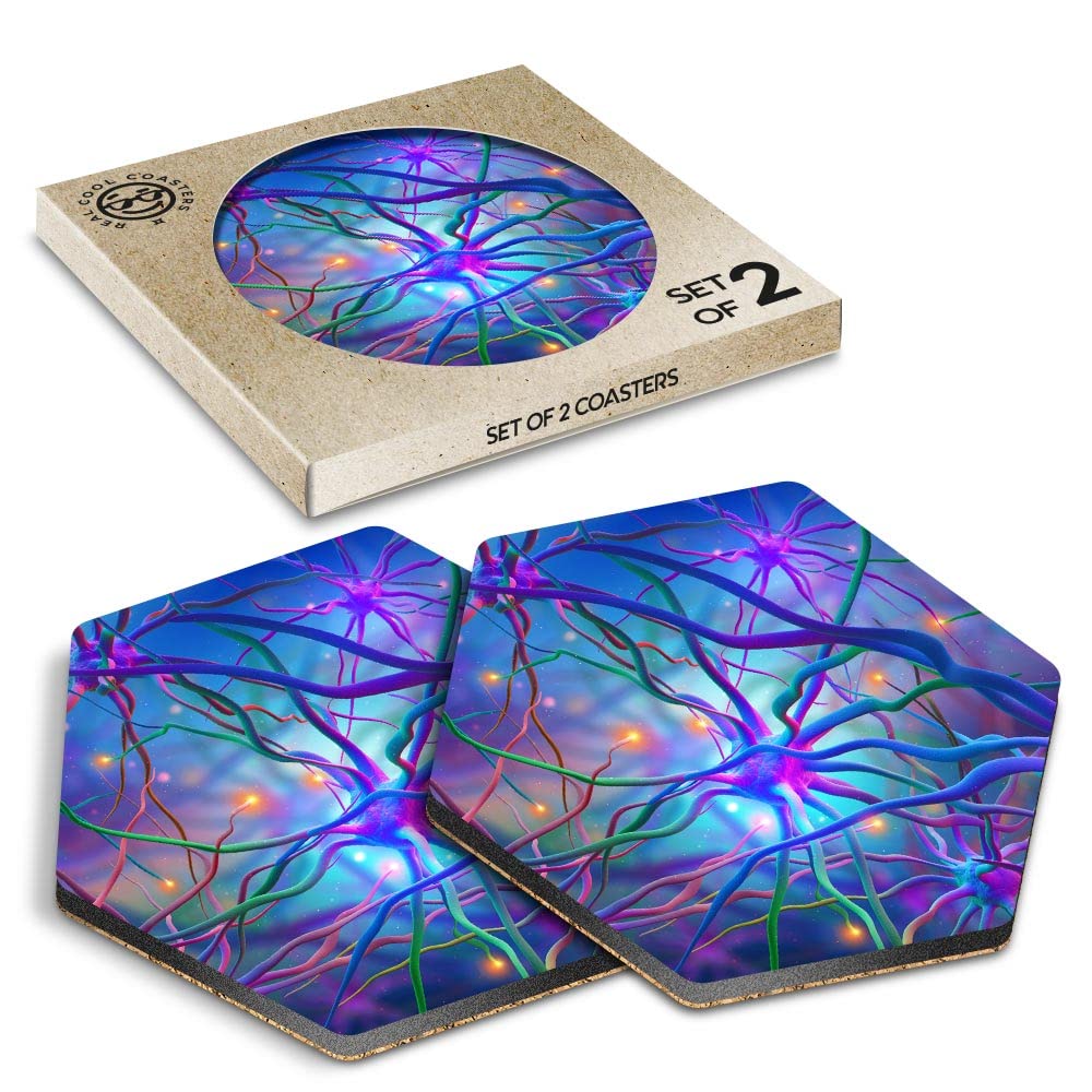 DV DESIGN 2 x Eco Boxed Cork Hexagon Coasters - Neural Networks Brain Science Drink Cup Mug Glass Table Protection Mat #2622