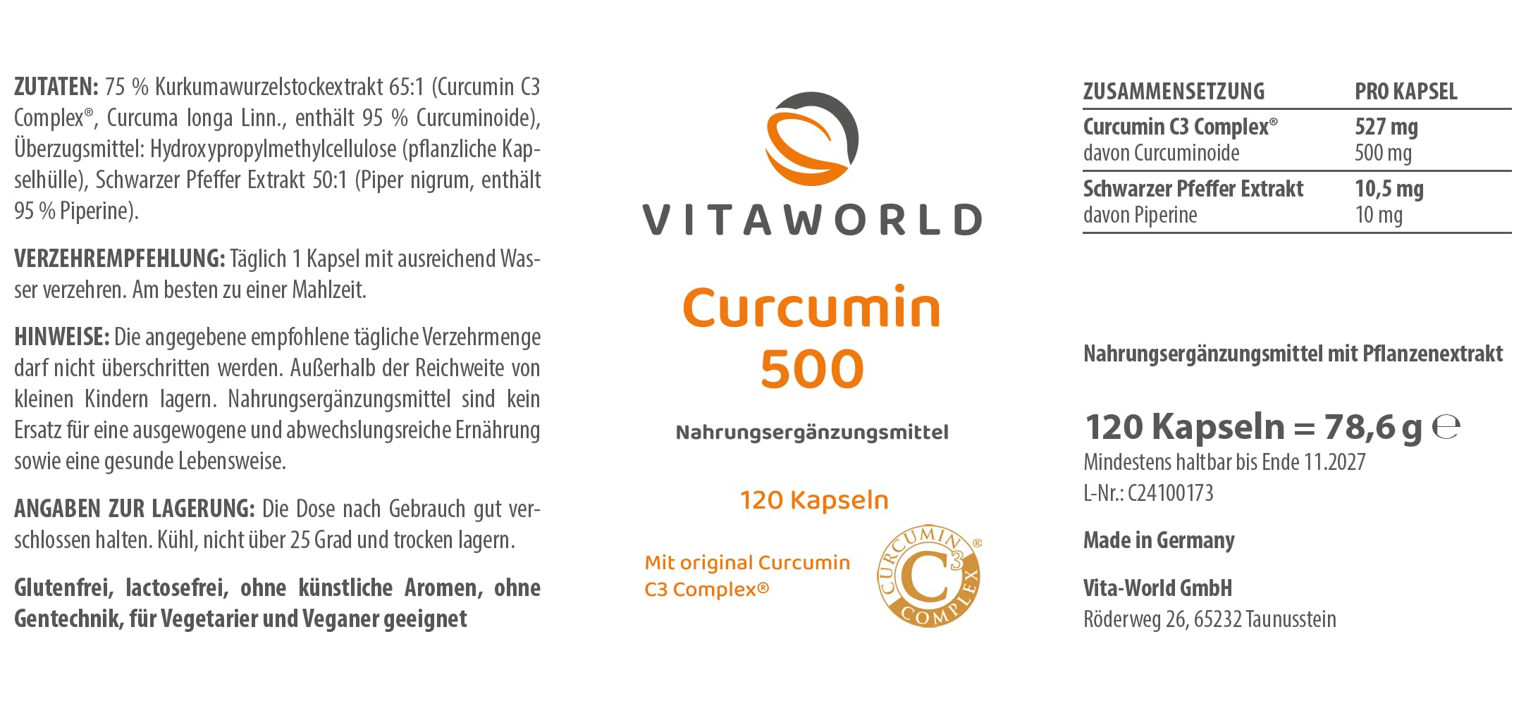 3er Pack Vita World Curcumin 500 3 x 120 Kapseln Curcumin C3 Complex® Vegan Apotheker-Herstellung 95 % Curcuminoide schwarzer und Pfeffer Extrakt 50:1
