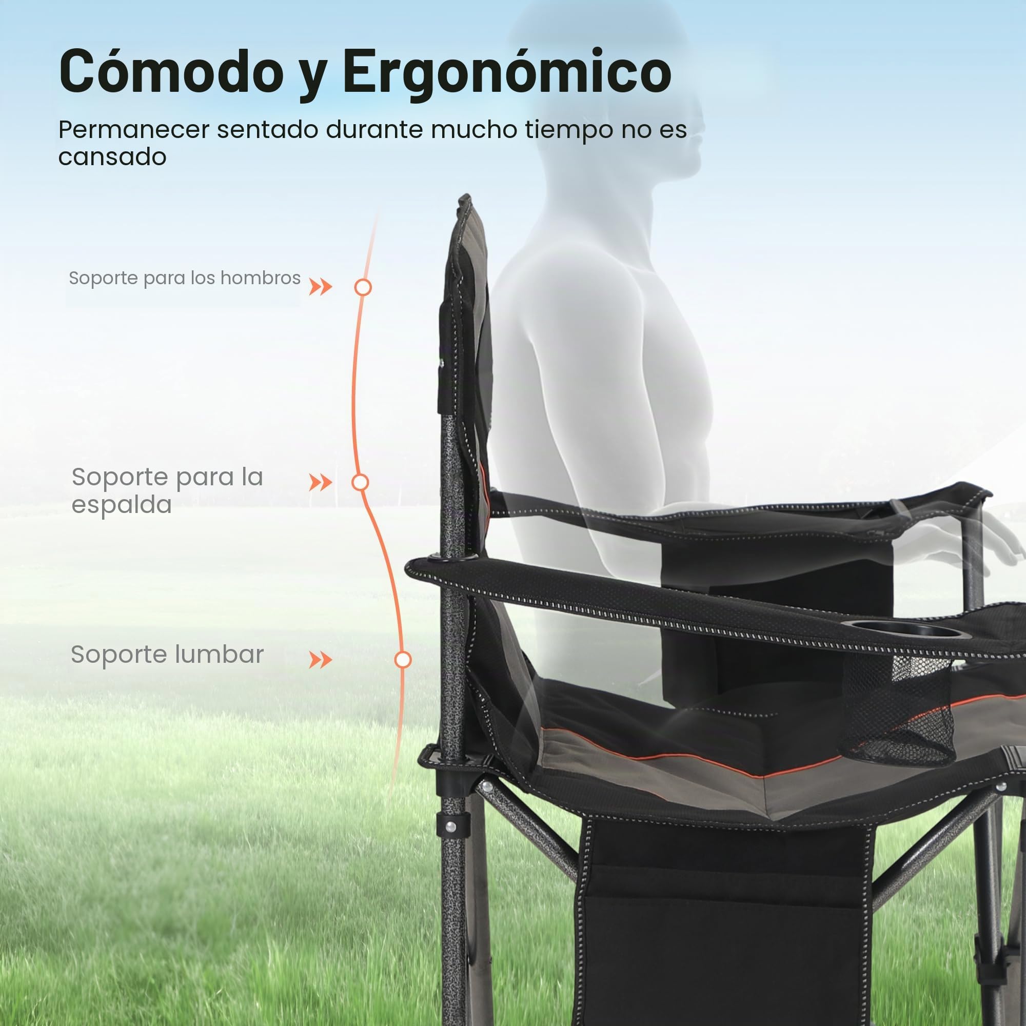 HIGH POINT SPORTS Silla Camping Plegable Silla Plegable Portátil de Gran Tamaño, Silla Plegable Negro Resistente al Aire Libre con Portavasos y Bolsa Enfriadora, Soporta 200KG