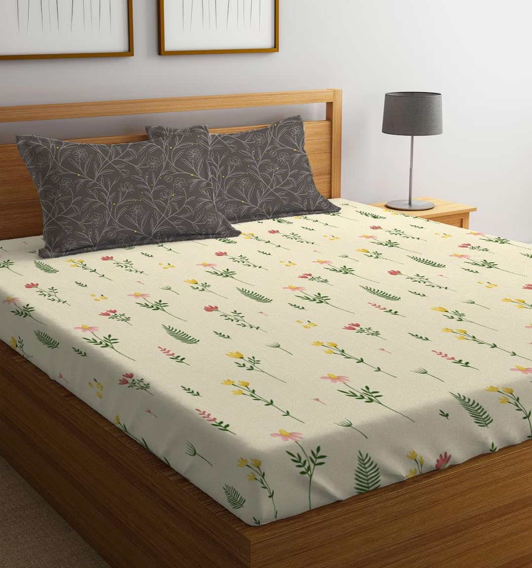 LOOMLYFE 300 TC Microfiber XXL Soft Cotton Super King Size Bedsheet for Double Bed, King Size 108 Inches X 108 Inches, 9 Feet, 275 X 275 cm with 2 Large Size Pillow Covers - YellowSmallFlower