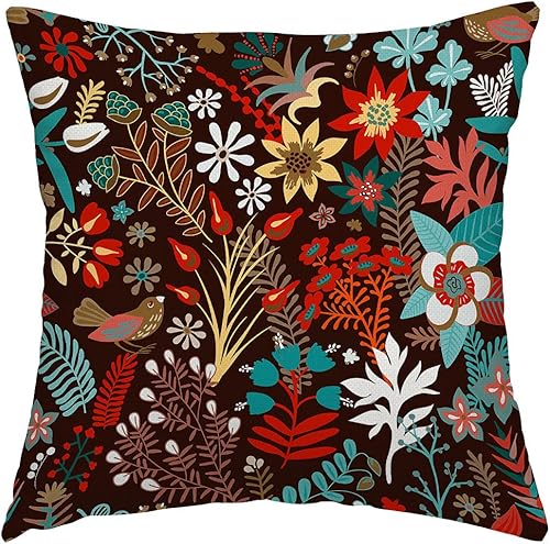 Swono Funda de almohada decorativa rústica, diseño floral, color negro, para decoración del hogar, funda cuadrada de 16 x 16 pulgadas