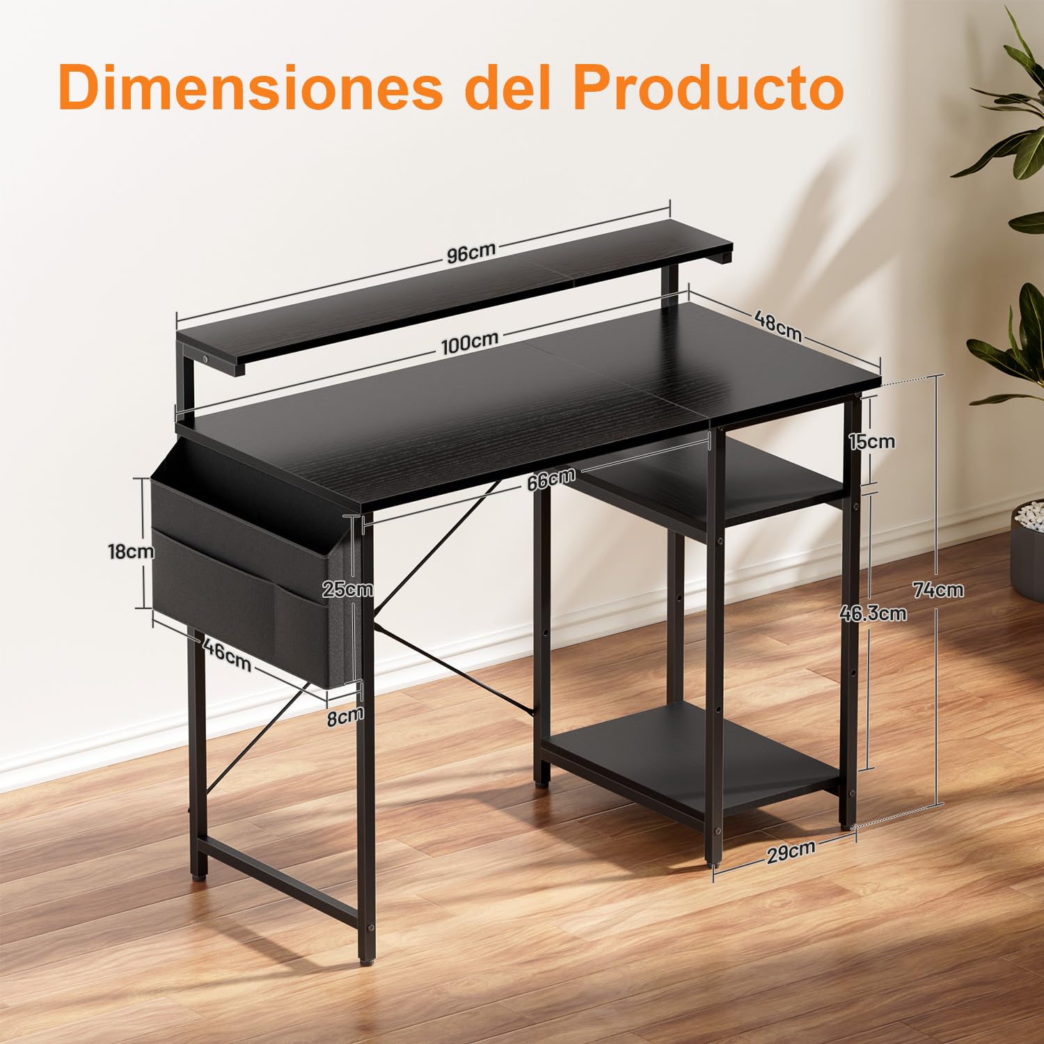 SOLAVERO LED Escritorio 100 x 48 cm, Mesa Escritorio Pequeña con Soporte de Monitor, Mesa Ordenador con Bolsa de Almacenaje, Estante Ajustables, para Oficina en Casa, Estudio y Juegos, Negro