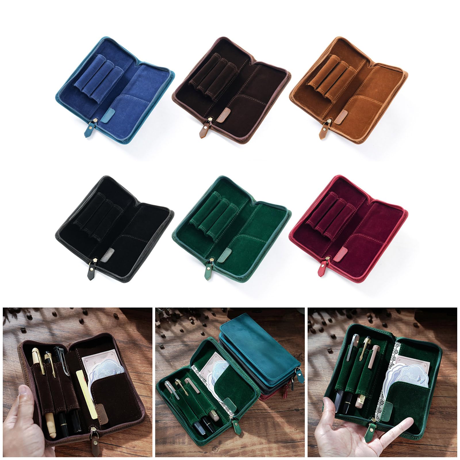Estuche de cuero para pluma estilográfica con 3 ranuras divididas, gran capacidad, bolsa de papelería, suministros escolares y de oficina, Color café