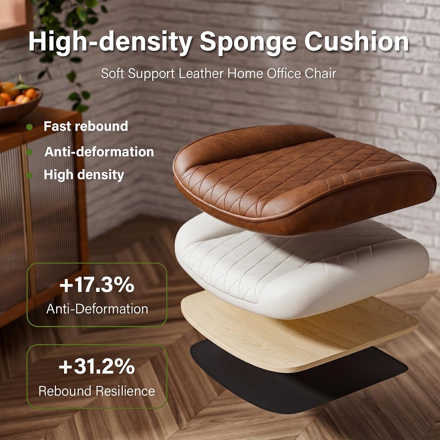 Brown Leather Office Desk Chair with Quiet Rubber Wheels, Height Adjustable, Padded Arms, Vintage Mid Century Office Chair, Retro Style Desk Chair