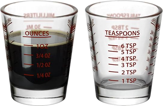 Funwares Measuring Shot Glasses, Set of 2, 1 oz Heavy-Duty Glass, Easy Read | Markings in oz, tsp, tbsp & ml for Espresso, Cooking, Cocktails & Medicine, Heat-Safe Thick Glass, Dishwasher Safe