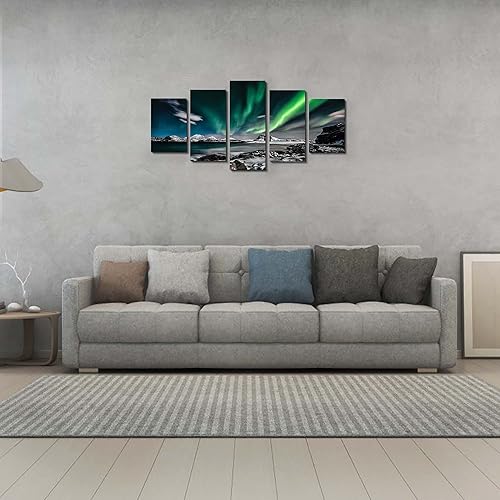 Vista 5 de EPHANY Pintura nocturna de cielo verde – 5 piezas de arte de pared – Pintura de paisaje de Aurora sobre lienzo estirado y enmarcado, pinturas